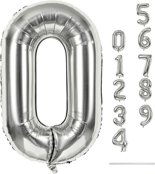 40 Inch Silver Foil Balloon Number 0, Giant Self Inflating Number Balloons 0-9 for Men Women, Digital 0 Helium Balloons Set for Girls Boys 4th Birthday Anniversary New Year Party Decorations Supplies