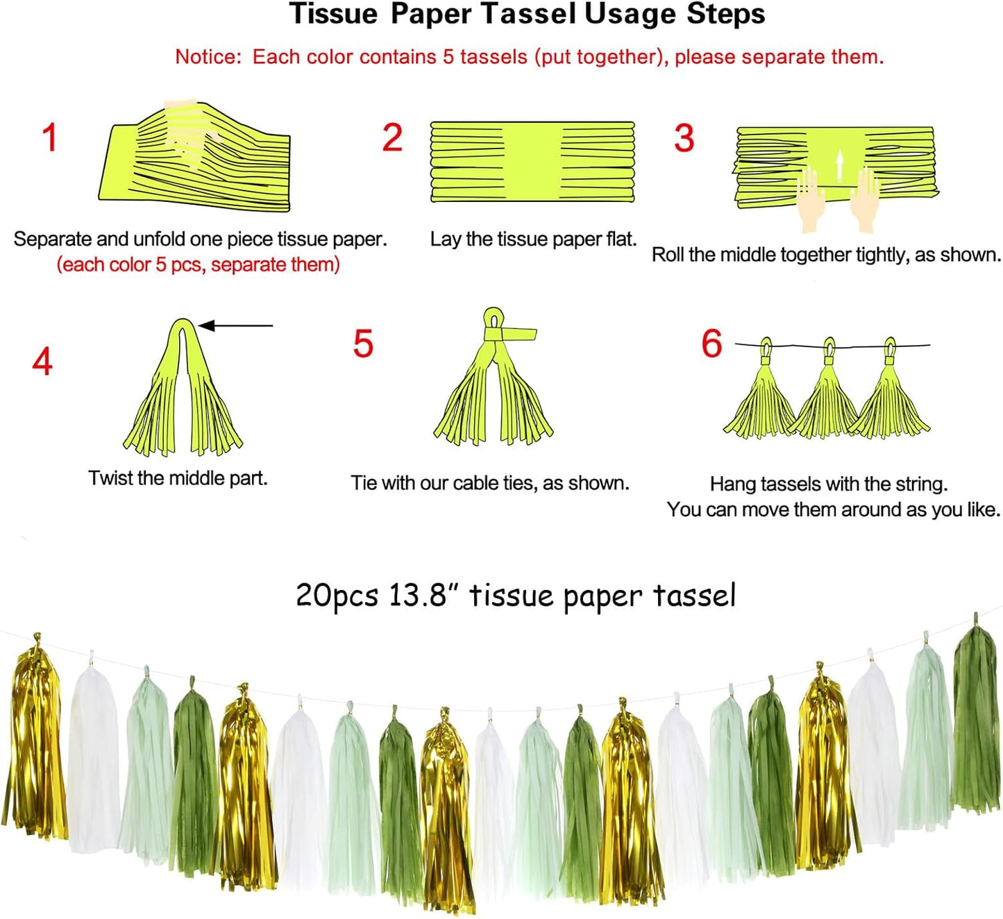 Sage-Olive Green Gold Party-Decorations Tassel-Garland - 20pcs Rustic Wedding Baby Shower Tassels Banner Streamers, Birthday Bachelorette Engagement Bridal Decor Panduola