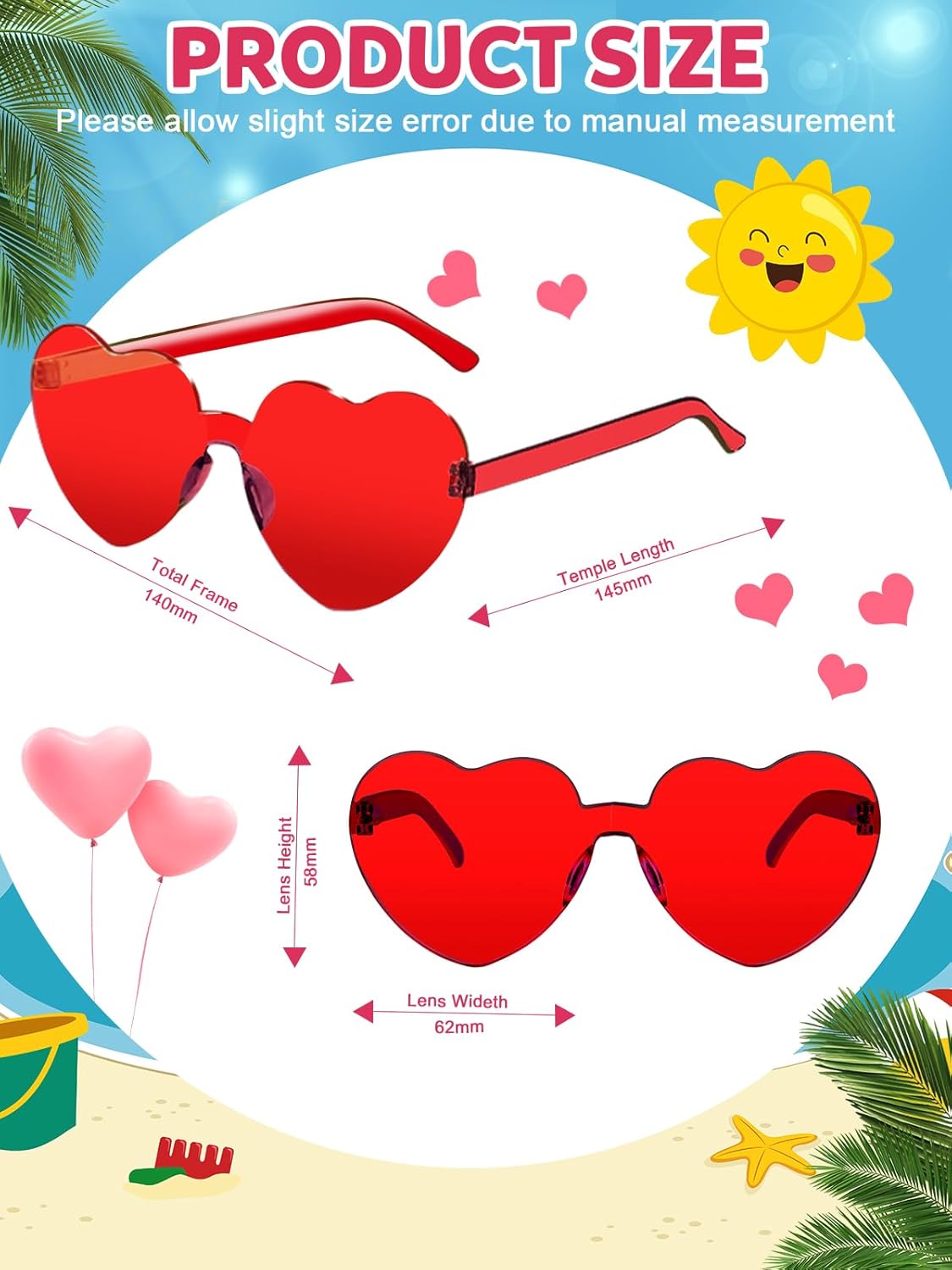 12 Pairs Heart Shaped Sunglasses for Women Colorful Glasses Fun Trendy Transparent Heart Sunglasses Party Favor (Red)