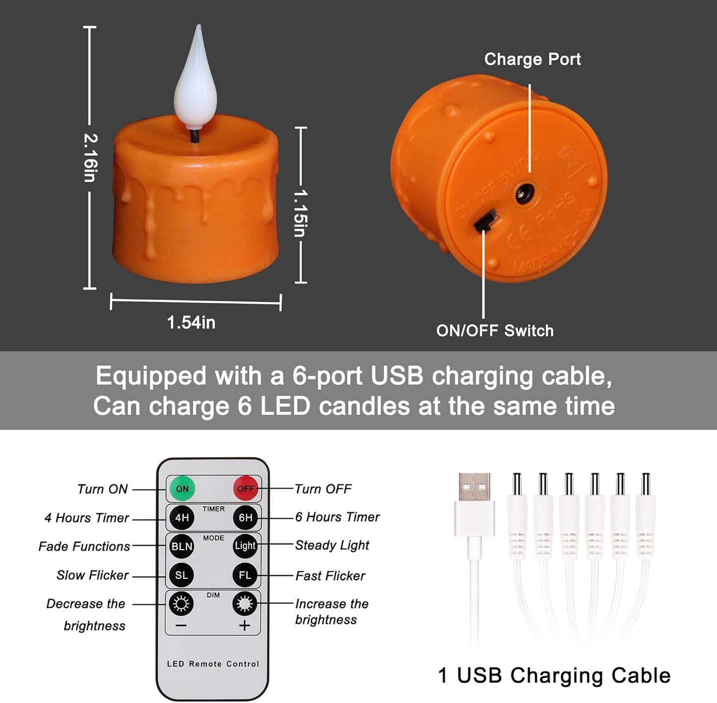 FREEPOWER Orange Halloween Candles,Rechargeable Flameless Candles with Remote Timer, Soft 3D Wick LED Tealights Candle, Rechargeable Candles Flickering Realistic for Halloween Decorations,Set of 6