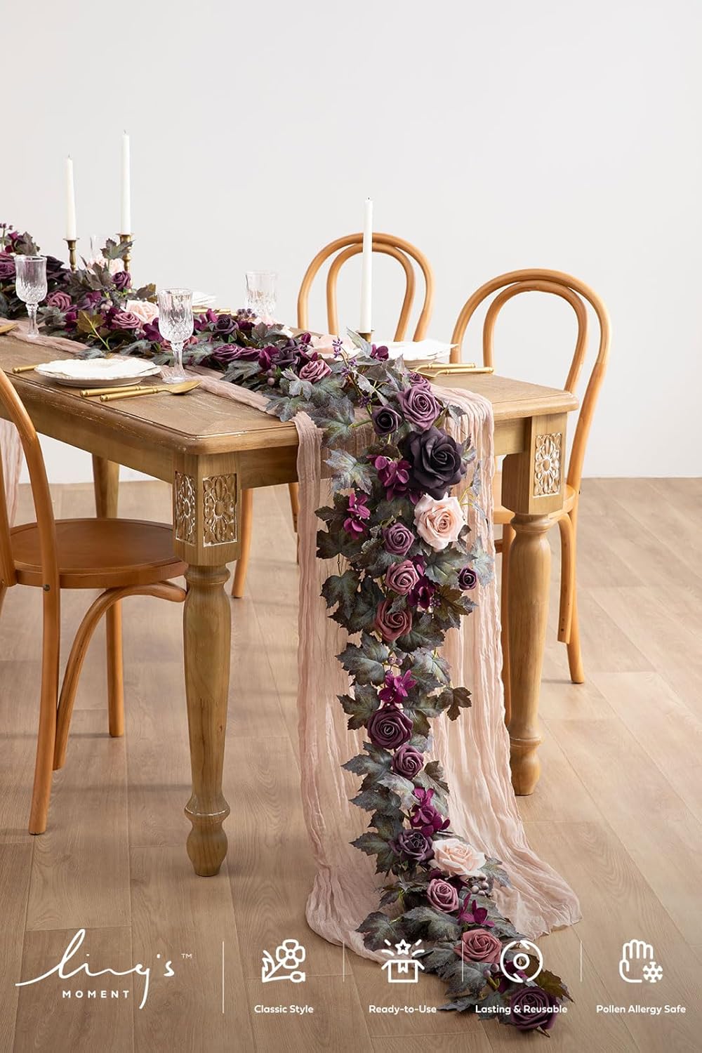 Ling's Moment Flower Garland - 6FT Eucalyptus & Rose - Sweetheart Table Decor for Wedding Reception, Artificial Floral Garland for Arch Mantle, Christmas, Backdrop Decoration, Purple