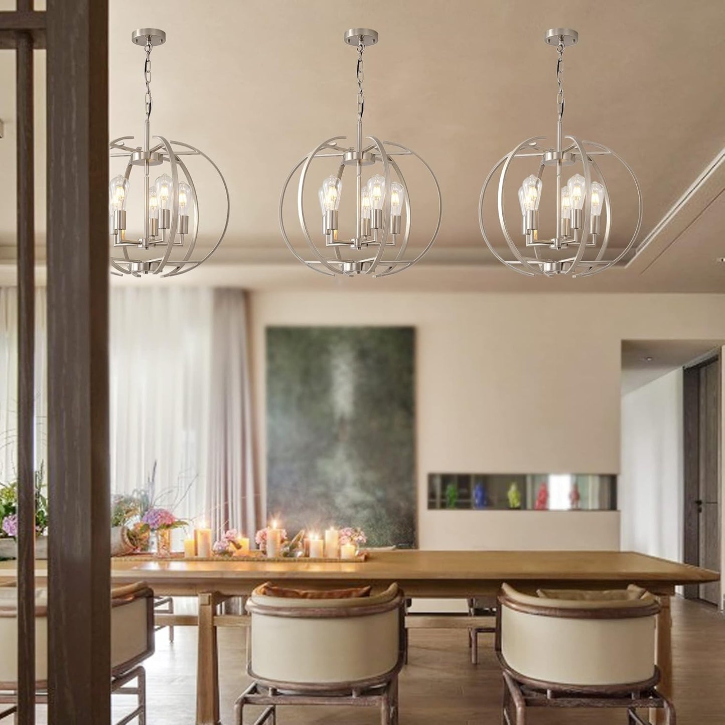 Large Lantern Globe Brushed Nickel Chandelier Lighting, Adjustable Hanging Ceiling Pendant 5 Light for Kitchen, Dining Room, Living Room, Hallway, Bedroom