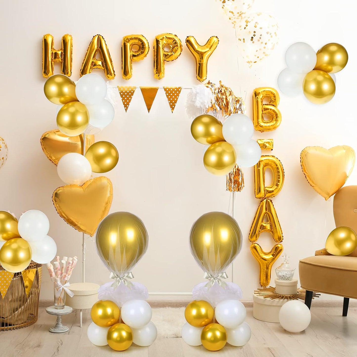 BBTO 8 Set Table Centerpieces Balloons Stand Kit, 80 Pcs Latex Balloons and Table Stand Holder with Base Tulle for Wedding Birthday Baby Shower Party(Gold and White)