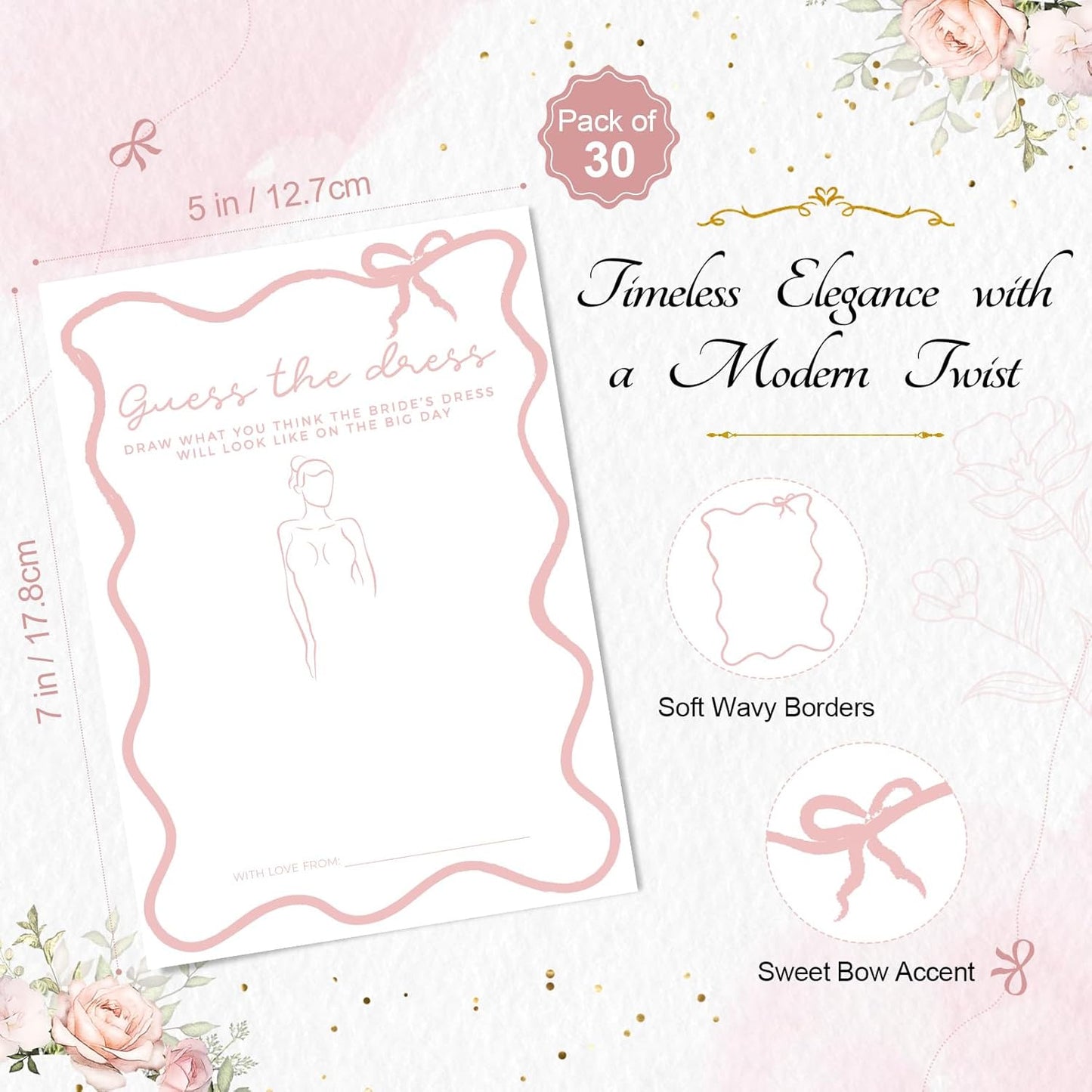 DEEKA 30 PCS Bridal Shower Games Card for 30 Guests White Pink Wavy Border Ribbon Bow Funny Wedding Bachelorette Party Games for Reception (Guess The Dress)