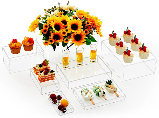 Leinuosen 7 Pcs Large Buffet Risers Set 6" to 12" Acrylic Display Box Catering Dessert Table Riser Food Display Decorative Stand with Hollow Bottom for Catering Supplies(Clear, Rectangle)