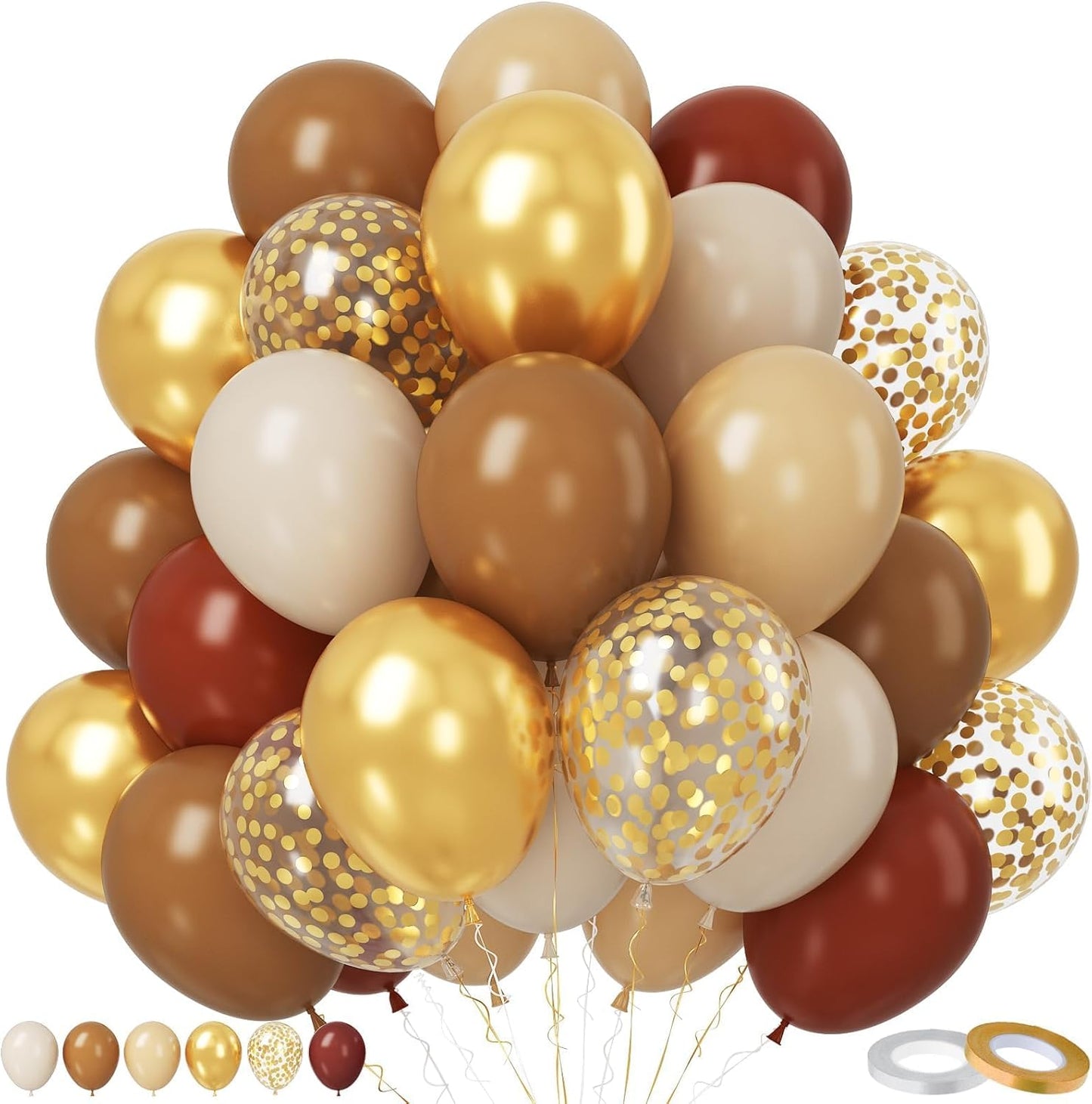 Paready Brown and Gold Balloon Set, 50Pcs 12 Inch Tan Apricot Sand White Metallic Confetti for Bridal Shower Baby Shower Fall Birthday Party Decorations