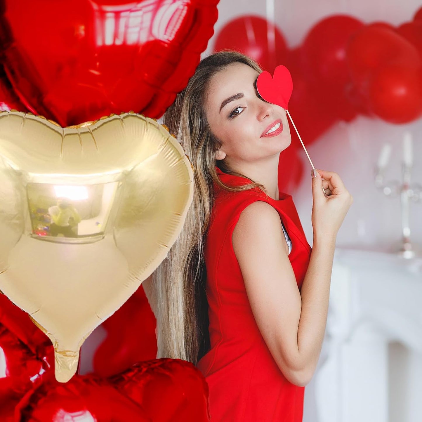 Red Gold Heart Balloons, 18 Inch Red and Champagne Gold Heart Shape Balloons, 12PCS Large Heart Helium Foil Love Balloon for Birthday Baby Shower Engagement Wedding Party Decorations