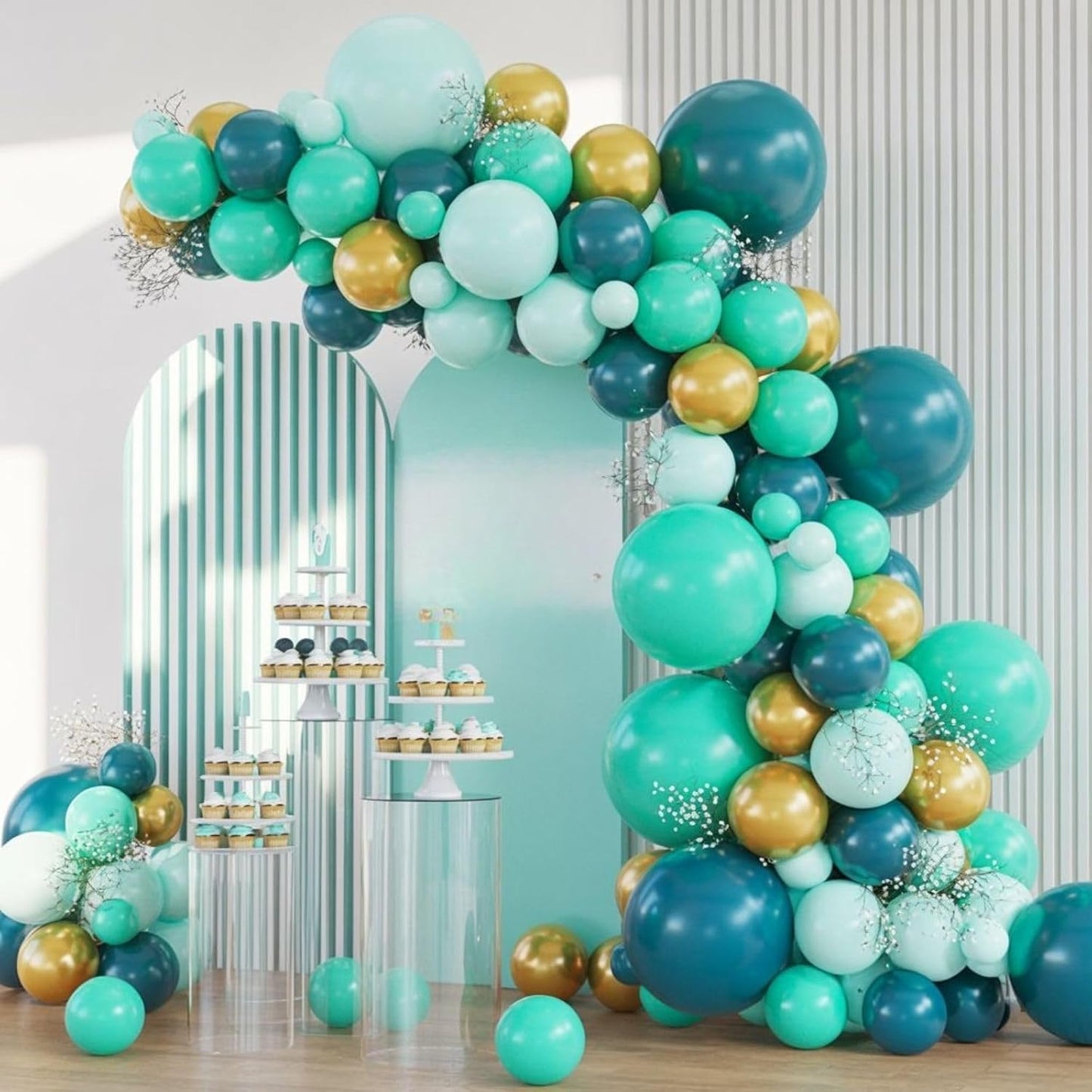 FunHot Teal Balloons, 60 Pcs Gold Turquoise Balloons, 12 Inch Metallic Gold Dark Green Gold Confetti Balloon Teal Blue White Latex Balloon for Wedding Birthday Baby Shower Party Decorations