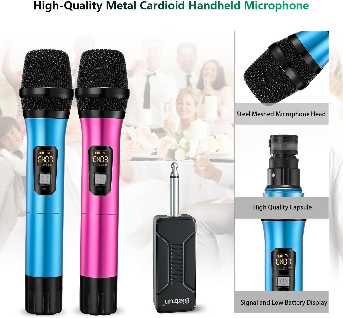 Wireless Microphone, Bietrun UHF Metal Dual Handheld Cordless Dynamic Mic System with Rechargeable Receiver, 1/4‘’Output, for Karaoke, Church, Speech, Wedding, Party Singing(160 ft Range)-Auto Connect