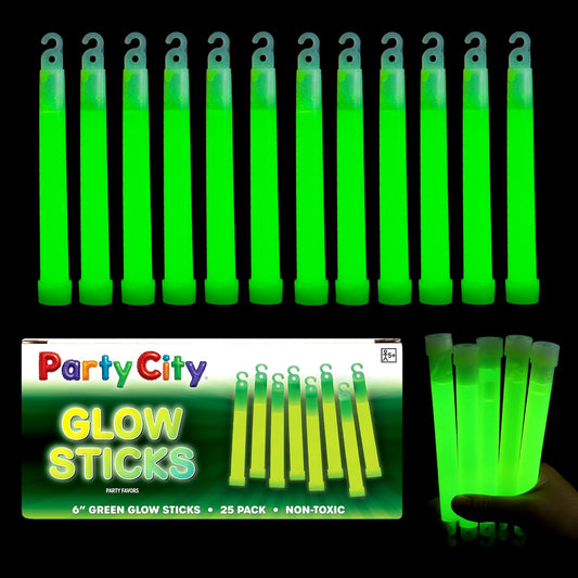 Party City Green Glow Sticks Bulk Pack 6”- 25pk Glow in the Dark Sticks for Kids, Waterproof Camping Survival Ultra Bright Emergency Light Stick with String, Neon Glowsticks Party Supplies Favors