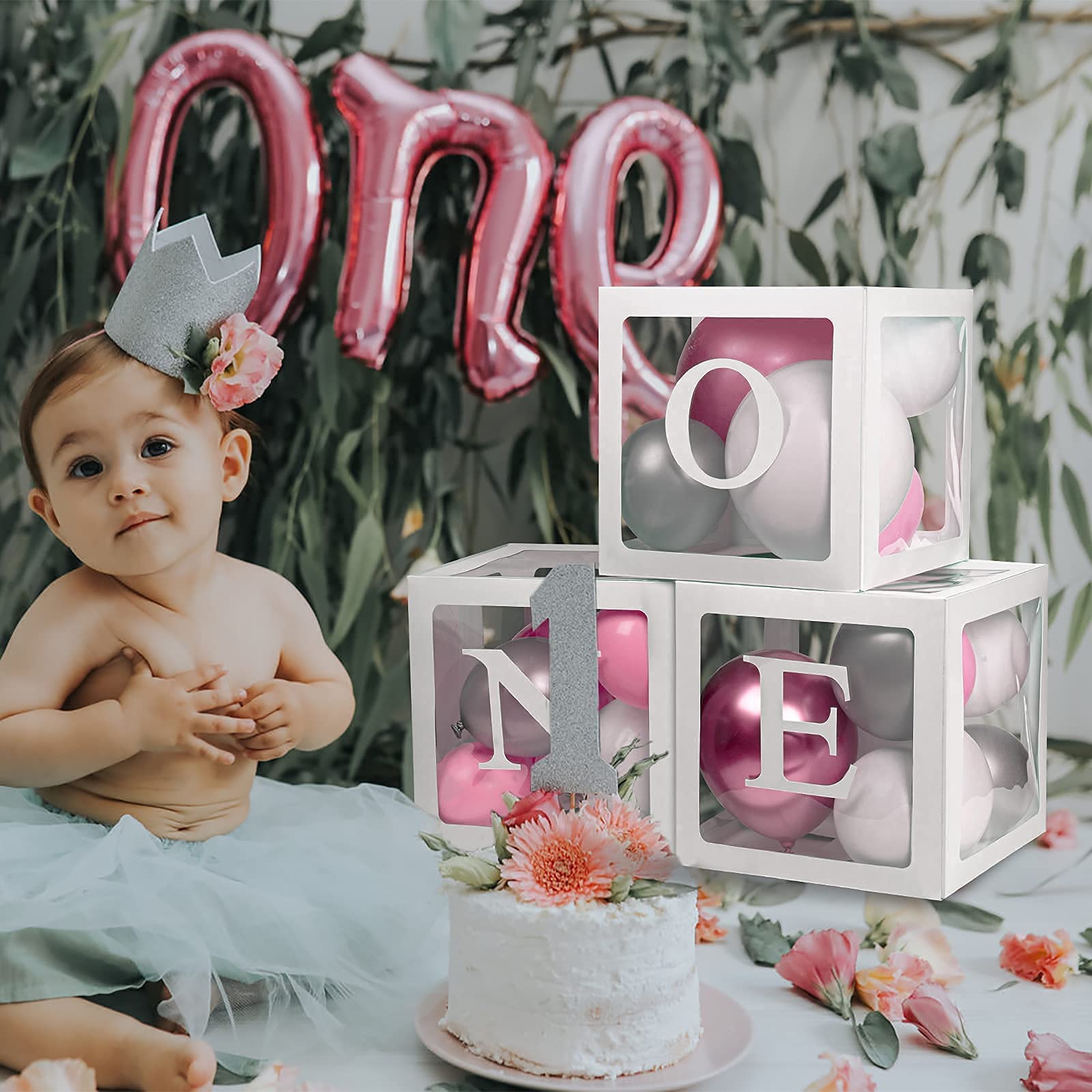 Keencopper First Birthday Decorations For Boy Or Girl, 3 Pcs ONE Balloon Boxes For 1st Birthday