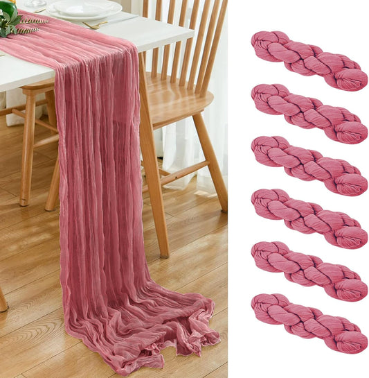 6 Pack Dusty Rose Cheesecloth Table Runner 20x120 Inch Boho Wrinkled Sheer Romantic Gauze Decor for Wedding, Bridal Shower, Birthday Party
