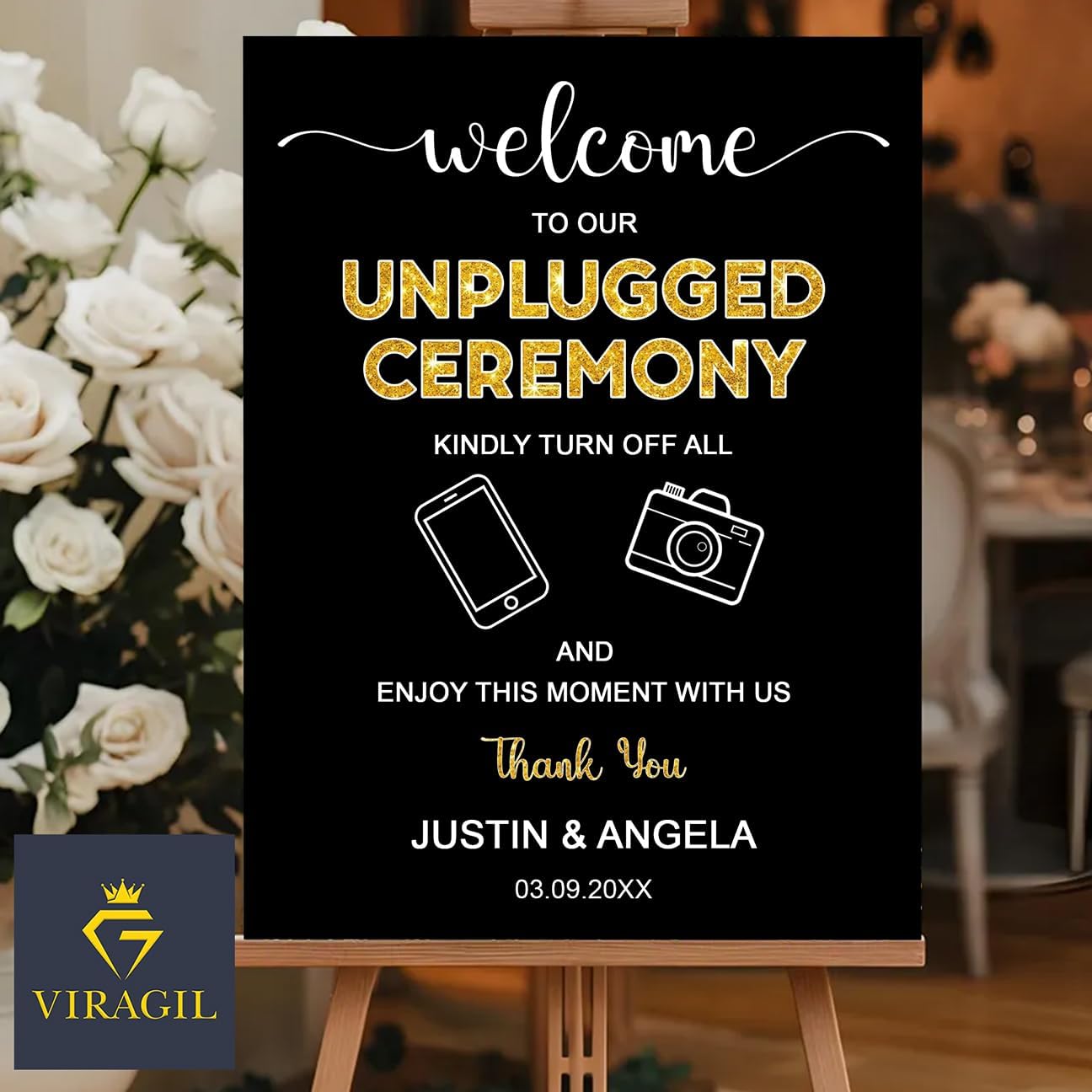 Unplugged Ceremony Sign with Icons – Fun & Bold Wedding Yard Sign – No Phones or Cameras – Modern Welcome Sign for Outdoor Weddings