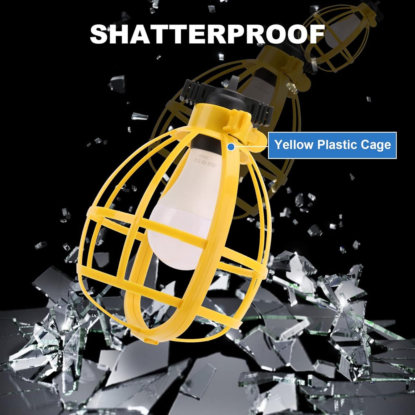 100FT Construction String Lights with Outdoor Extension Cord Safety Cover, 100W 11 Bulbs Work Lights, IP65 Waterproof, 8000LM 6500K Temporary Lighting for Workshop, Mine cave, Job Site