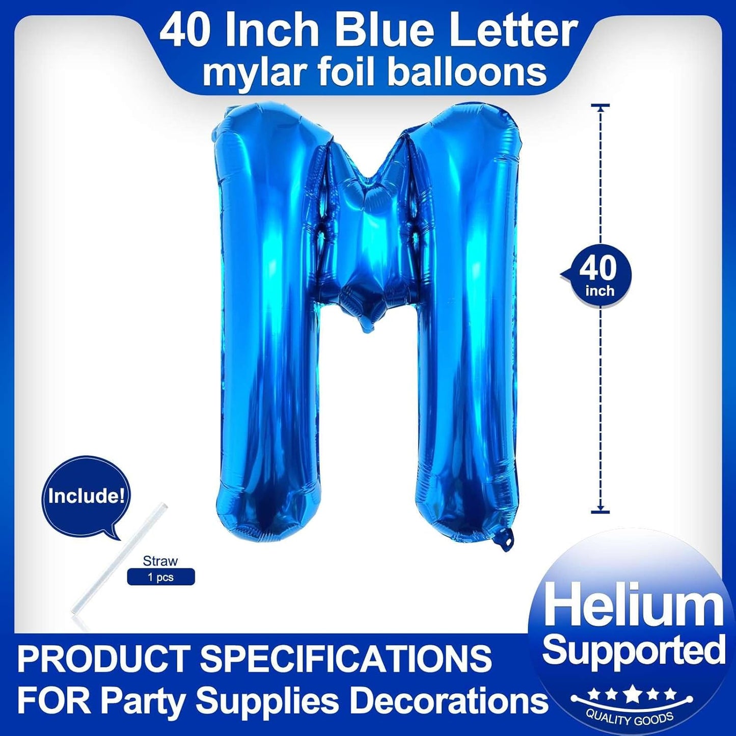 40 Inch Blue Letter M Balloons, DIY Phrase Foil Alphabet Letter M Balloons DIY Word M Banner for Birthday Anniversary Celebration Graduation Party Supplies Decoration