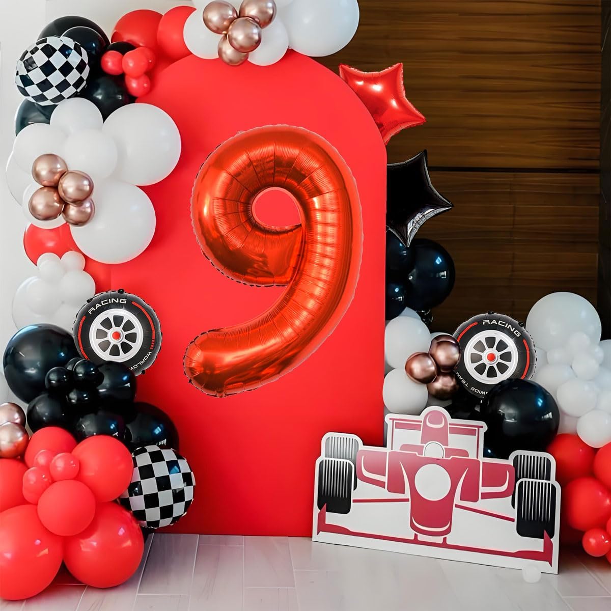 Race Car Birthday Party Decorations - 40 Inch Mylar Red Number 9 Balloons - Black Foil Checkered Race Car Balloons for 9st Birthday Race Cars Themed Party Decorations