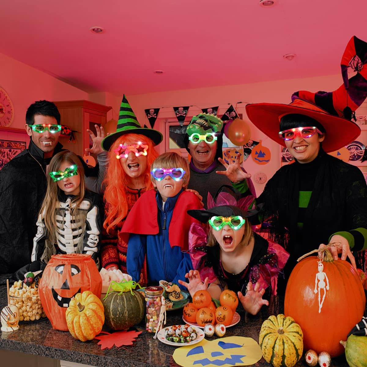 63 Pcs LED Glasses 7 shapes 6 LED Glow In The Dark Party Supplies Favor for Kids Adults shutter heart round star butterfly Glow Sticks Light Up Glasses fit Birthday Halloween Christmas Valentine's Day