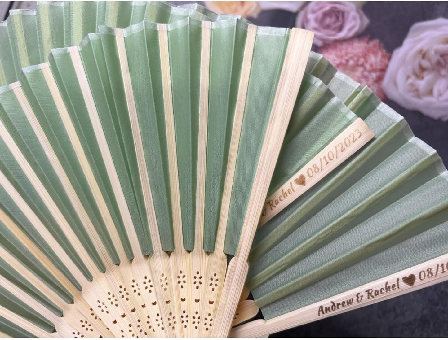 Personalized Wedding Fans Handheld Folding Fans (80Pcs) - Custom Engraved Green Silk Fans for Bridal Shower Favor/Baby Shower Favor, Birthdays Party Gifts/Gifts for Party Guests