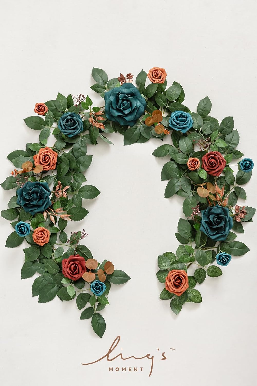 Ling's Moment 5FT Teal Blue Artificial Flower Garland Burnt Orange Rose Eucalyptus Leaves Floral Garland Arch Flowers Vine for Wedding Party Backdrop Decor Home Table Centerpieces Window Decorations