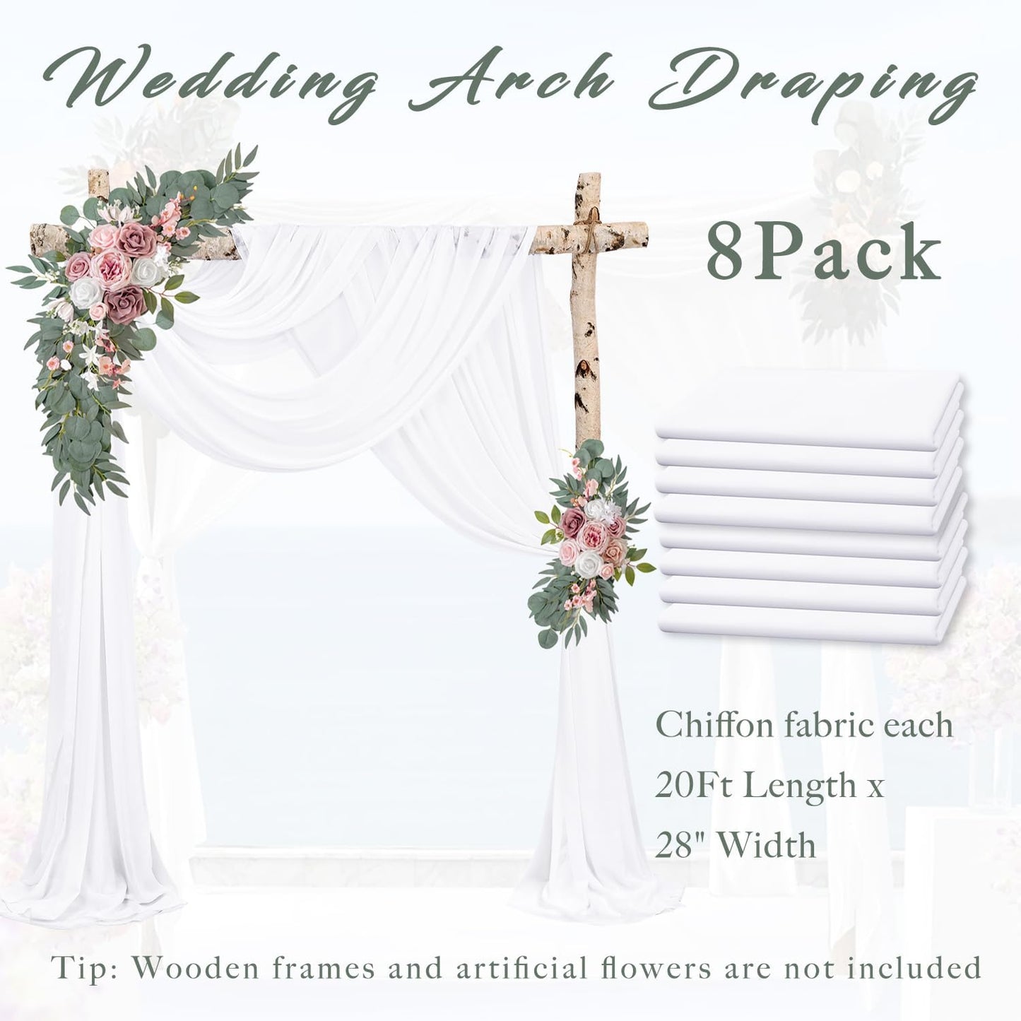 Wedding Arch Draping Fabric 8 Panels 20Ft Length x 28" Width White Arch Drapes Chiffon Fabric Sheer Curtains Backdrop for Party Bridal Decorations Wedding Ceremony Ceiling Stage Reception Decor