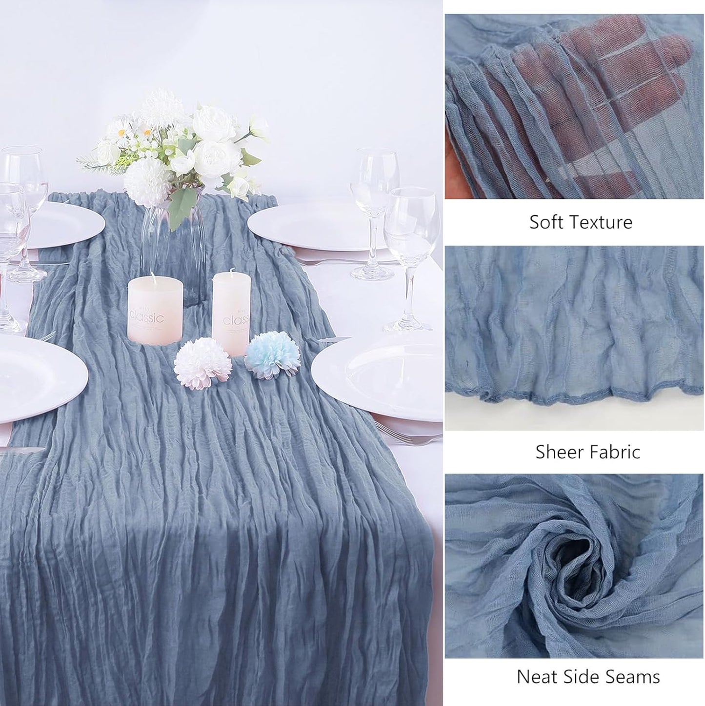 4 Pack Dusty Blue Cheesecloth Table Runner 35x120 Inch Boho Gauze Fabric Cheese Cloth Table Runner 10Ft Rustic Romantic Sheer Table Runners for Wedding Party Bridal Baby Shower Long Table Decoration