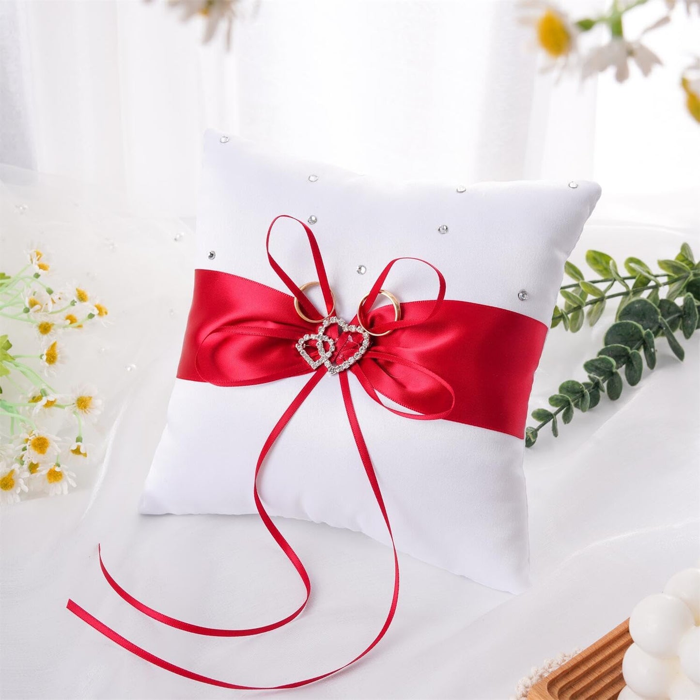 QIRMIZI Ring Pillow, Pearls Ring Cushion, Ring Bearer Holder for Beach Wedding & Ceremony, Proposal - Red