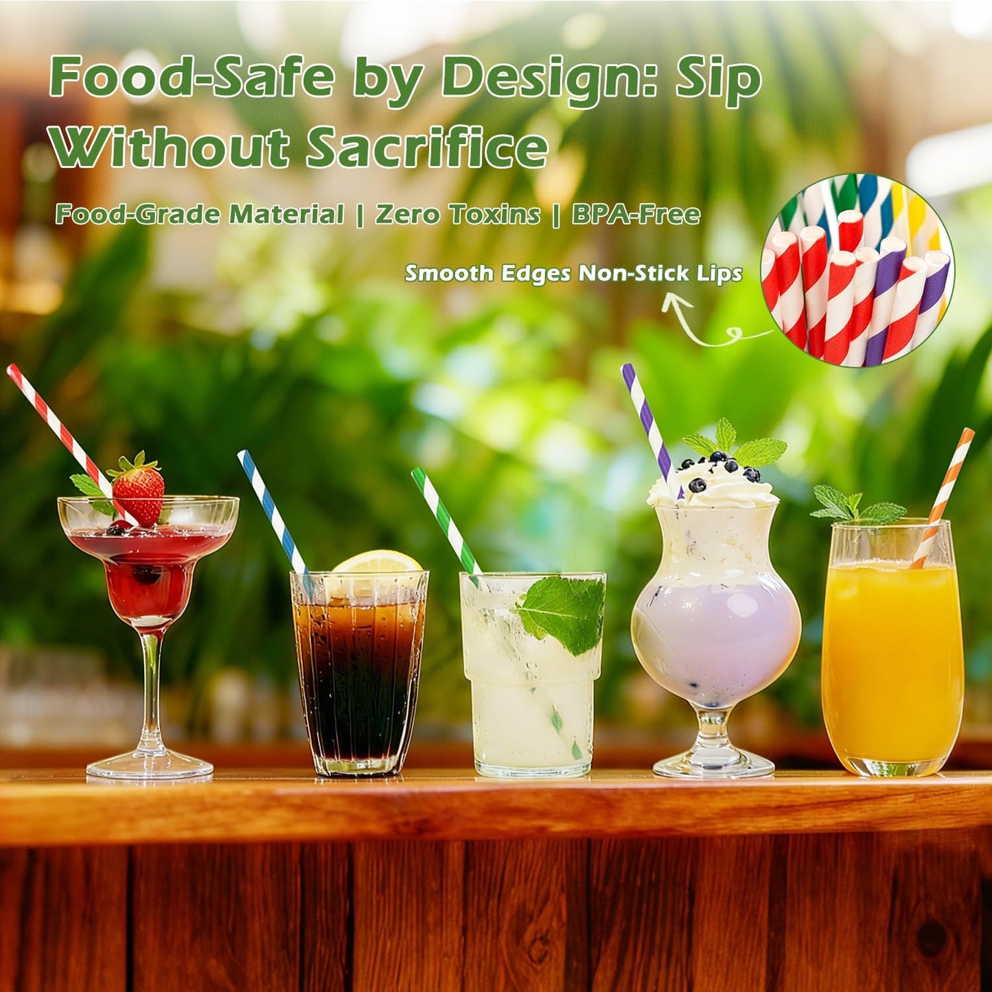 100 Pack Striped Paper Straws for Drinking– Sturdy & Non-Soggy – 100% Biodegradable disposable, Food-Safe Ink colorful straws, and Multi-Layered for Long-Lasting Use-Daily/Party/business