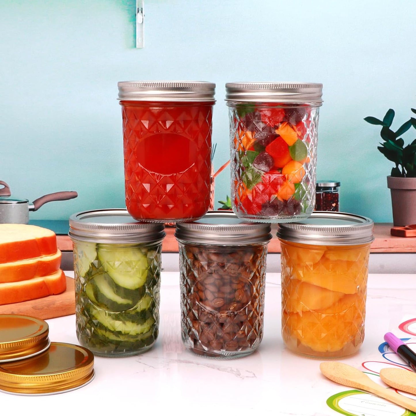 Mason Jars 16oz,Canning Jars with Metal Airtight Lids and Bands,Wide Mouth Mason Jars Ideal for Spice, Jam, Honey, Jelly, Yogurt, overnight oats,Meal Prep, Wedding Favors,6Pack