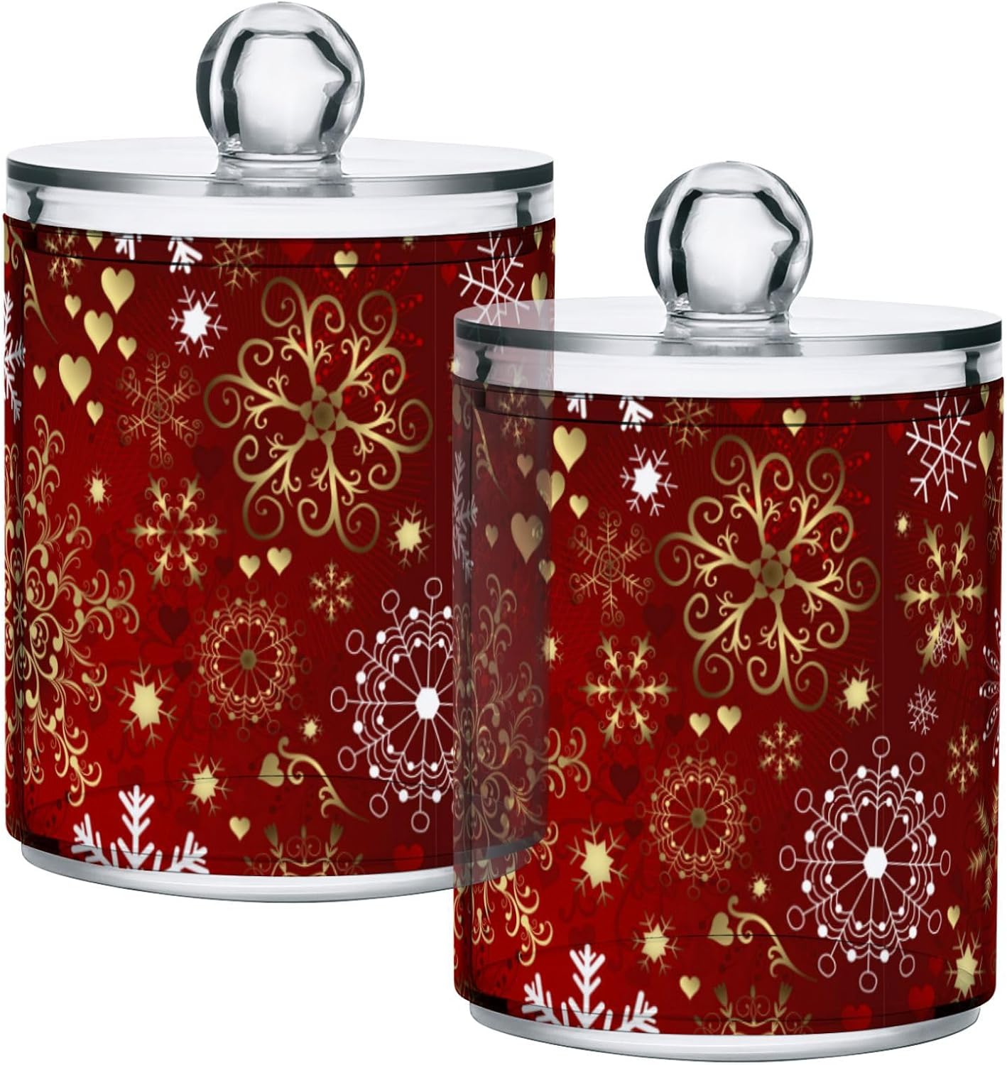 Gredecor Christmas Winter Qtip Holder Dispenser 2 Pack Gold and White Snowflakes Apothecary Jars with Lids Bathroom Vanity Countertop Canister Storage Organizer for Cotton Ball,Swabs,Pads,Floss