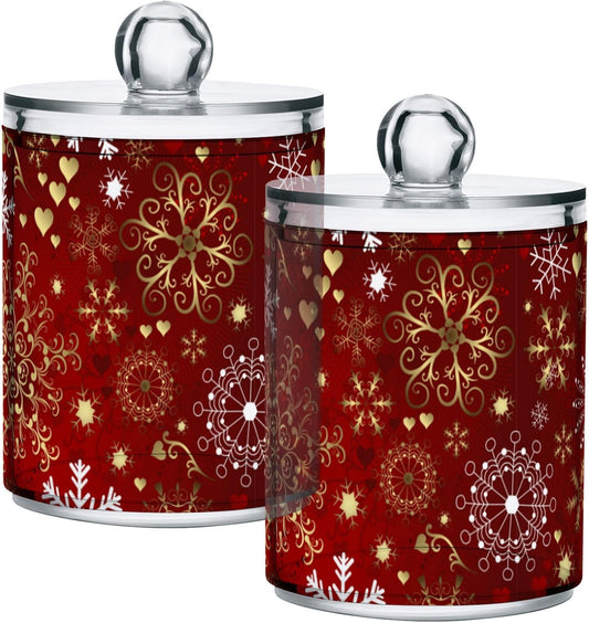 Gredecor Christmas Winter Qtip Holder Dispenser 2 Pack Gold and White Snowflakes Apothecary Jars with Lids Bathroom Vanity Countertop Canister Storage Organizer for Cotton Ball,Swabs,Pads,Floss