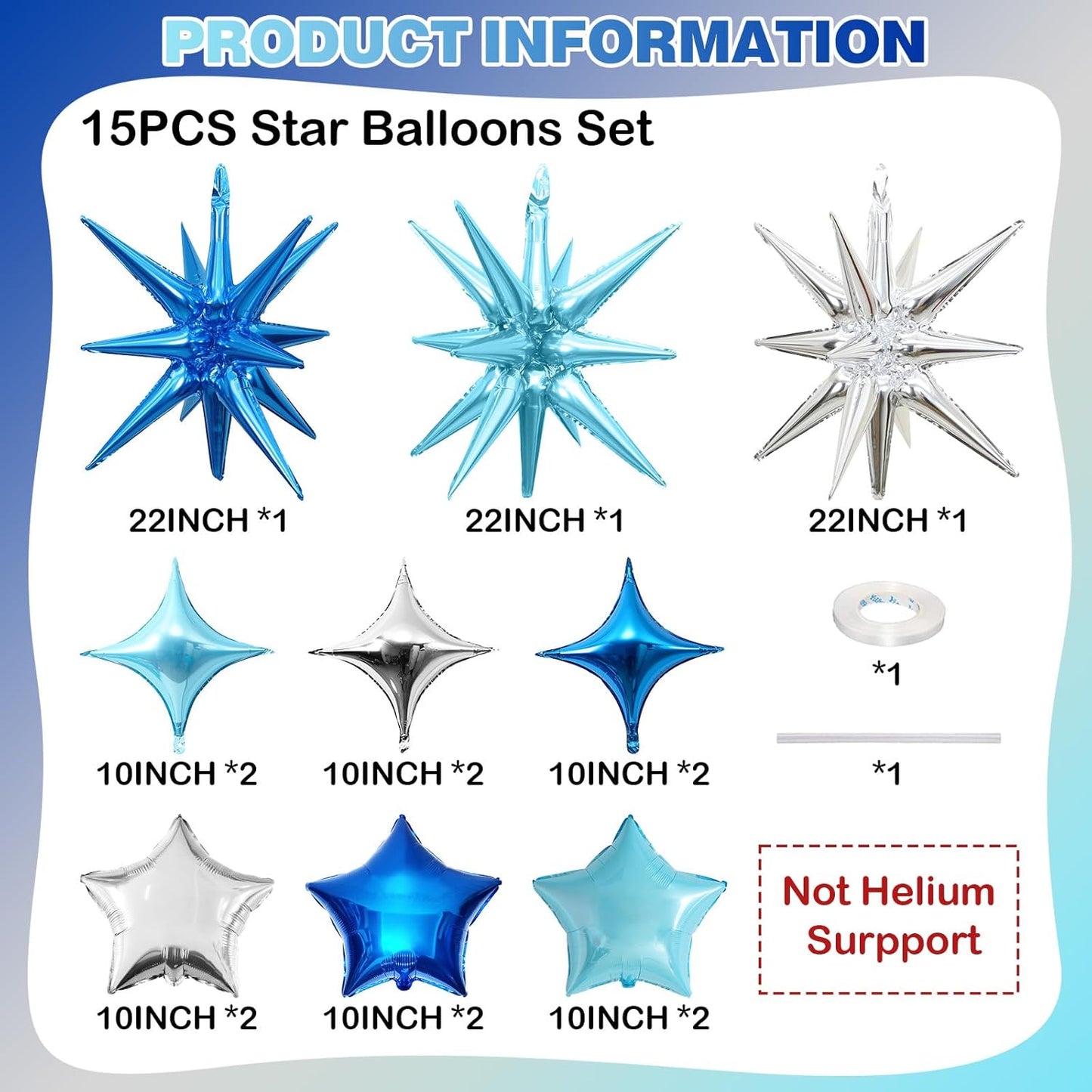 Blue Silver Star Balloons, 22in Large Star Balloons Foil 10in 4-Pointed & Pentagram Balloon for Graduation Baby Shower Space Themed Birthday Party Decorations