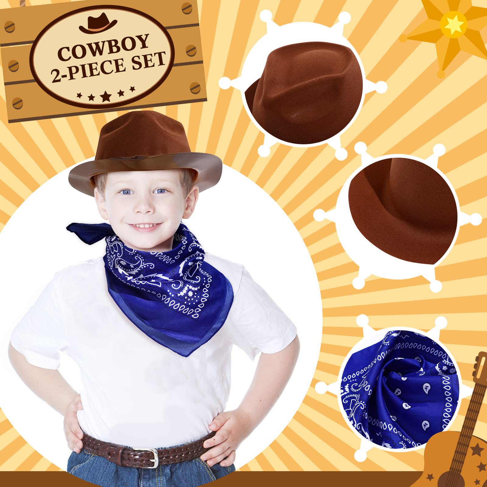 Haysandy 24 Pcs Western Cowboy Party Hats with Bandanas,Brown, Red, Blue