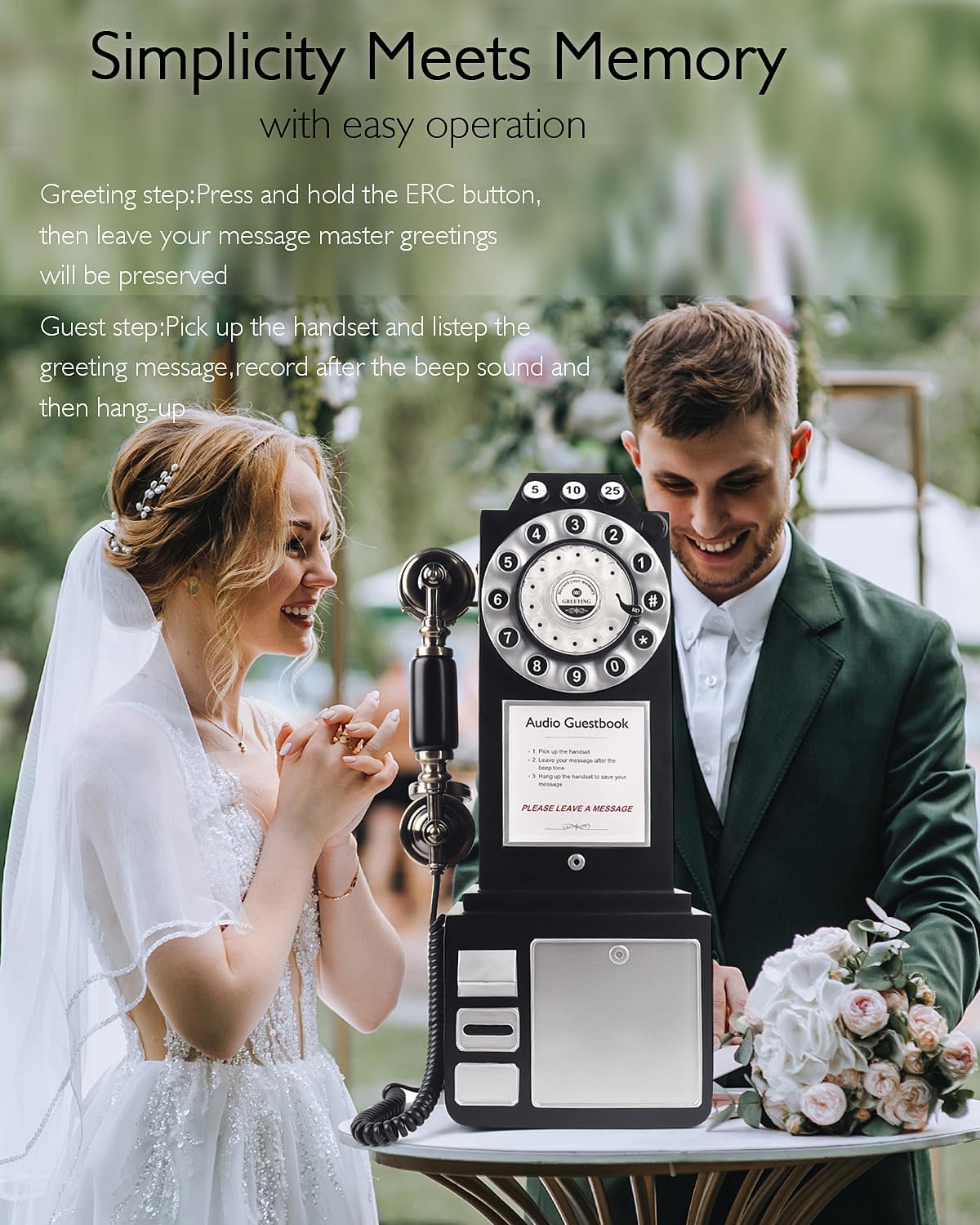 Audio Guest Book Wedding Phone with Vintage Design, Record Customized Audio Message Guest Book for Wedding, Party and Gathering, Black