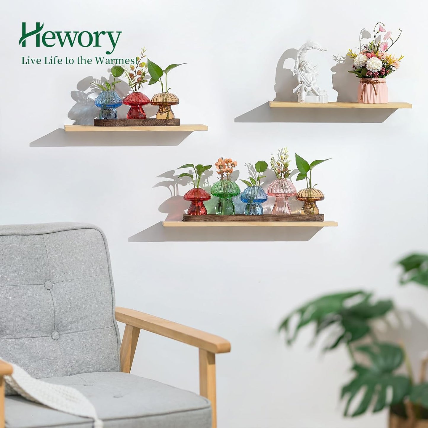 Glass Propagation Station for Plant: Mushroom Planter with Wooden Stand for Home Office Decor - Unique Propagation Jars for Plant Lovers - Set of 5 Hydroponic Mushroom Vases Gift for Mom