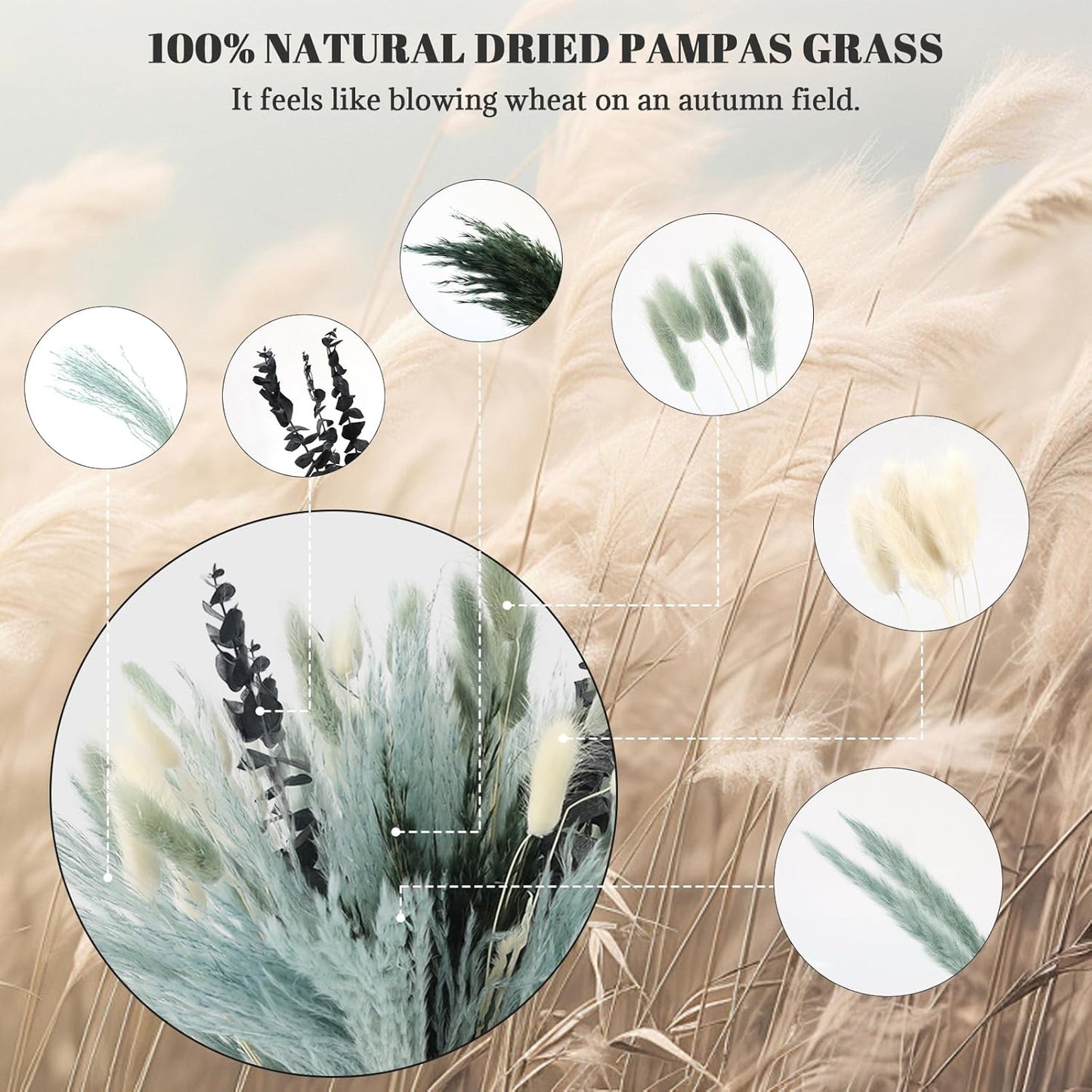 N&T NETING 100Pcs Grey Pampas Grass Decor Natural Dried - Gray Pampas Grass Bunny Tails Eucalyptus Leaves Gray Flowers for Centerpieces Rustic Living Room Home Wedding Boho Modern Decor(17.5 Inch)