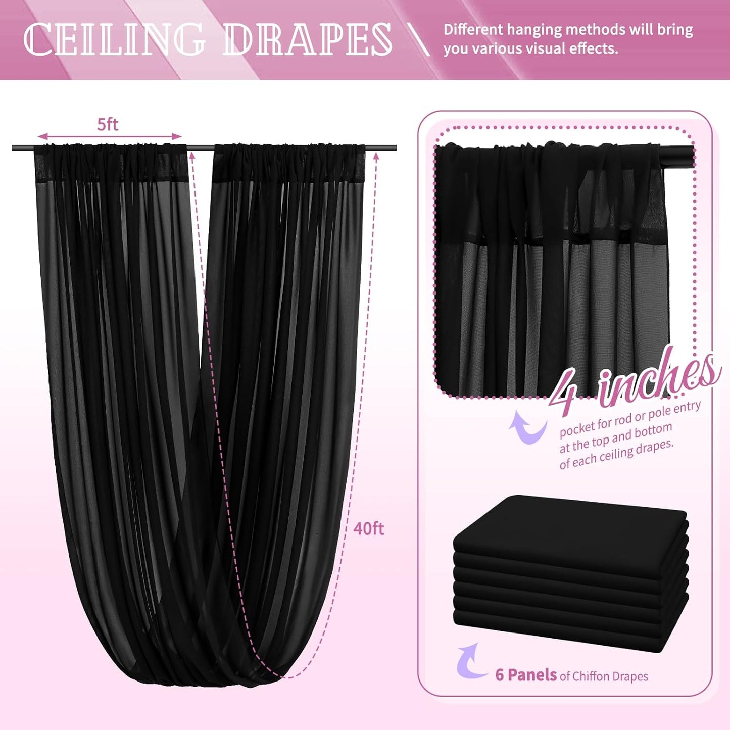 6 Panels Black Ceiling Drapes for Wedding 5ftx40ft Sheer Drapery Chiffon Fabric Arch Draping Curtains for Party Ceremony Birthday Baby Shower Reception Stage Ceiling Decorations