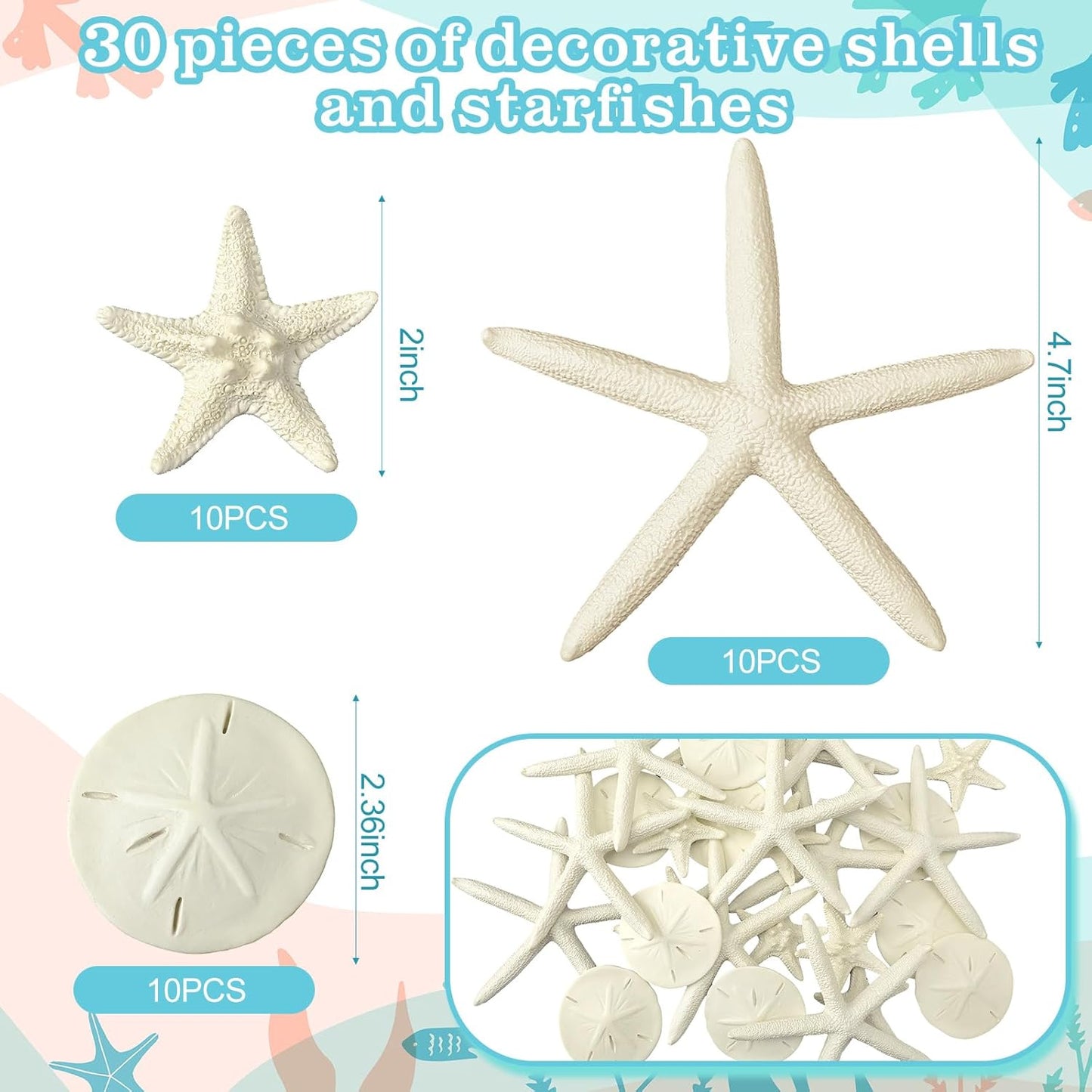 Queekay 15 Pieces Resin Starfish Sand Dollars 2.0 Inch 4.7 Inch Starfish 2.3 Inch Sand Dollars Crafts Ocean Themed Glittered Coastal Decorations for Summer Wedding Christmas Party Decor Supplies