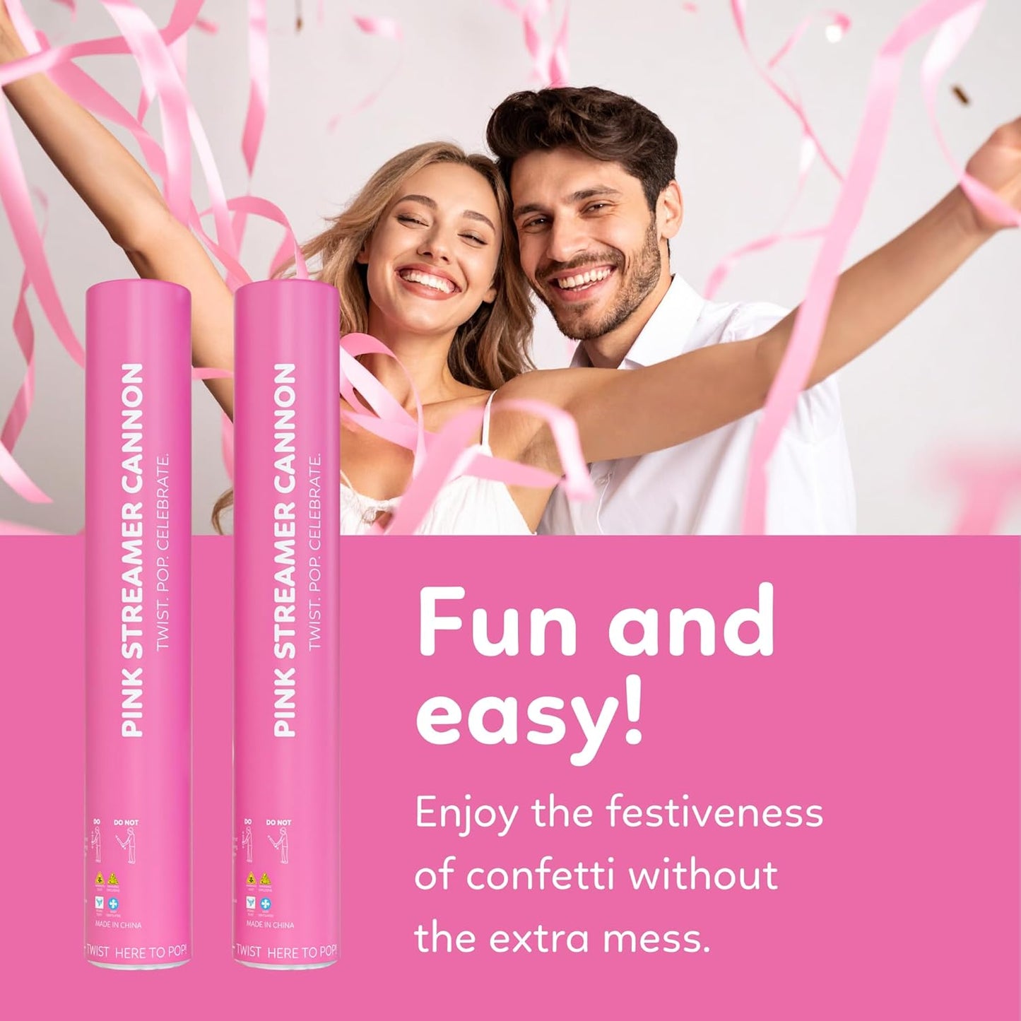 Pink Streamer Cannon Poppers | 2 Pack | Biodegradable Pink Streamers | TUR Party Supplies | Up to 25ft | Giant (12”) | Party Poppers for Graduation, Birthdays, and Bachelorette & Princess Parties