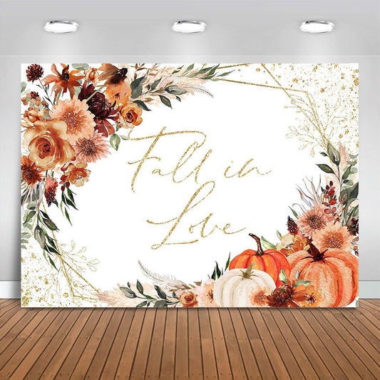 Mocsicka Fall in Love Bridal Shower Backdrop Boho Autumn Leaves Pumpkin Bride Shower Background Terracotta Flower Pampas Grass Wedding Party Banner Decoration (White, 8x6ft(96''x72''))
