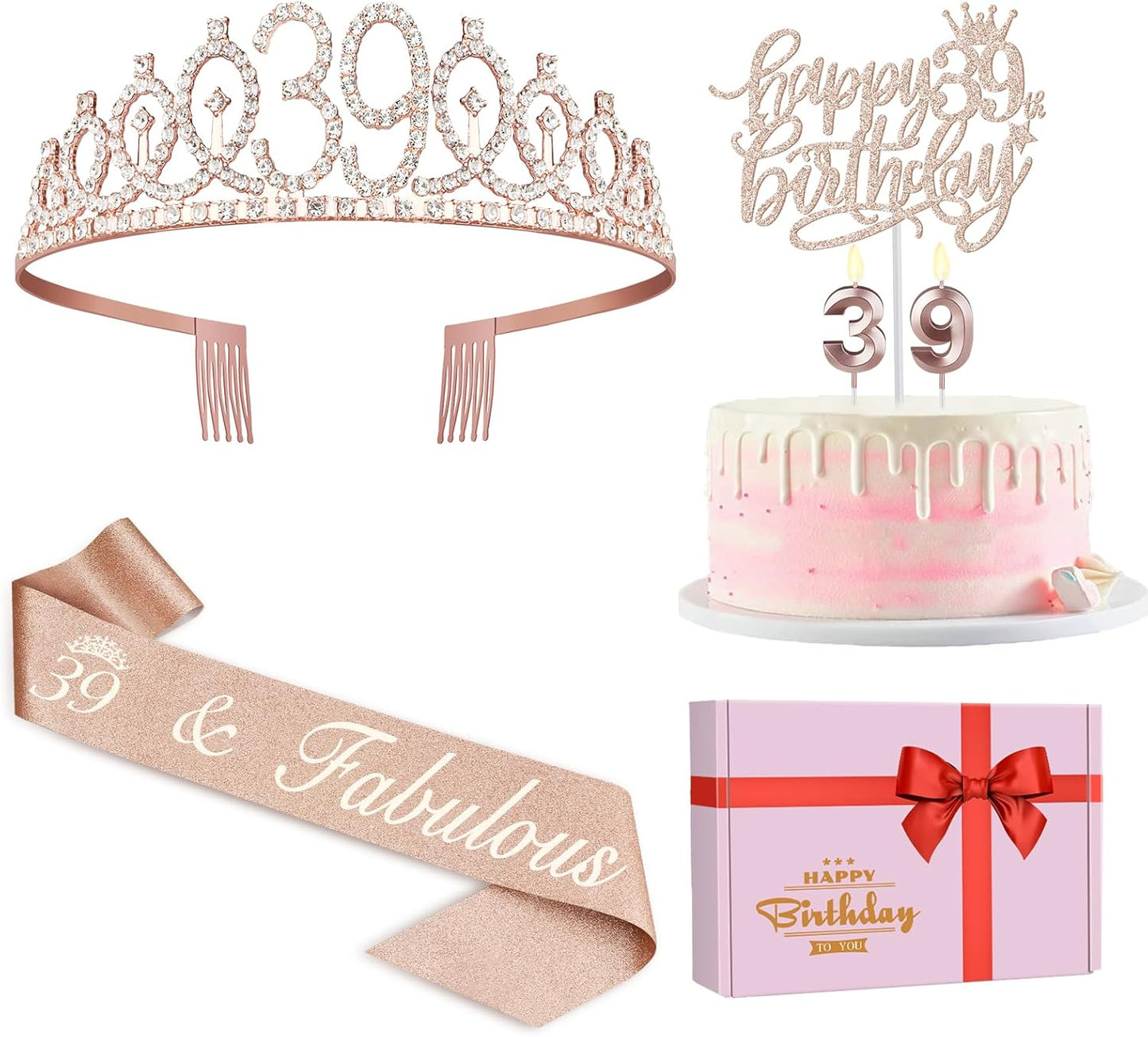 39th Birthday Decorations, Rose Gold Sash, Crown, Candles & Cake Topper, Set of 6 for Women