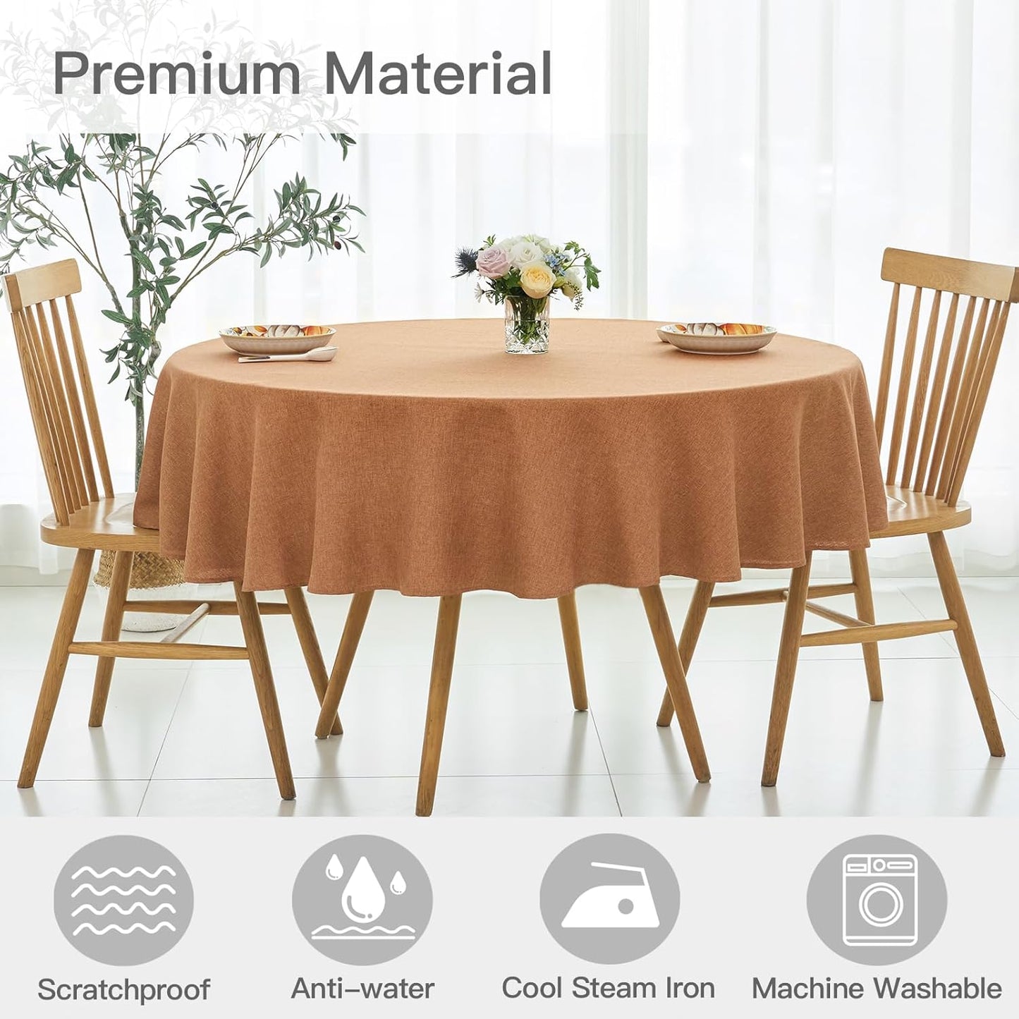 maxmill Fall Round Tablecloth Linen Texture Stain Resistant Waterproof Anti-Shrink Spillproof Washable Soft Table Cloth for Dining Room, Farmhouse Harvest Thanksgiving Holiday Party, 70 Inch, Amber