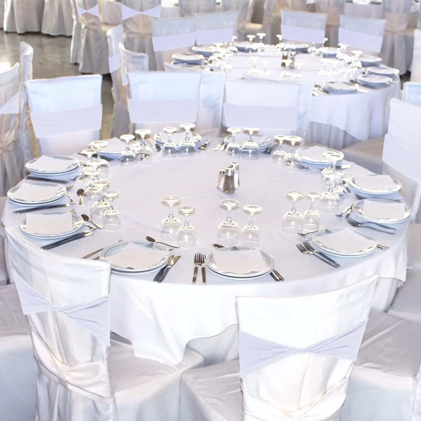 Kinlop 50 Pcs Spandex Chair Sashes Bows Chair Bands Slider Sashes for Covers Elastic Bands Ties Without Buckle Decorations for Wedding Party Events Ceremony Birthday(White)