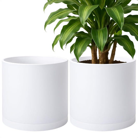 D'vine Dev 2 Pack 14 Inch Modern Plastic Plant Pots, Cylindrical Garden Planters for Plants with Drainage Holes and Saucers, White, 74-Z-Q-1