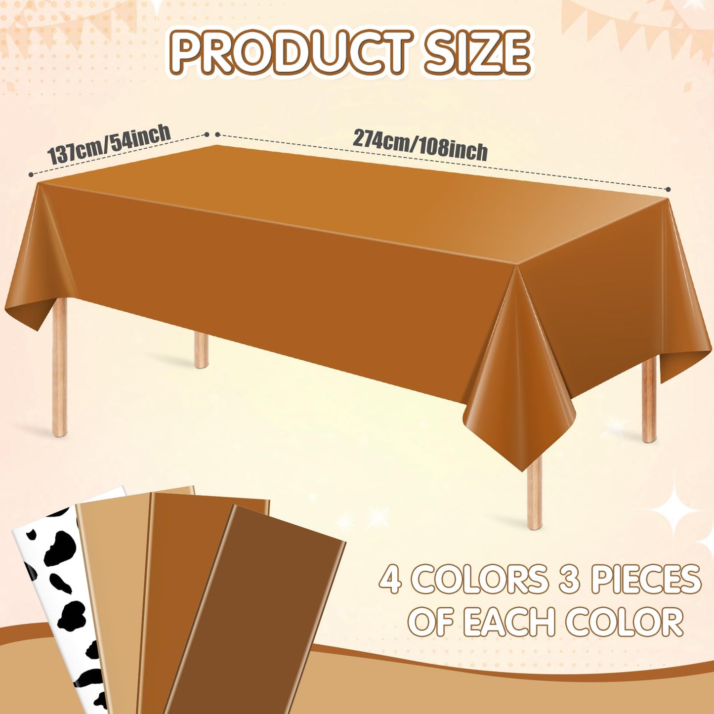 12Pack Brown and Cow Print Western Plastic Tablecloth for Rectangle Tables, Cowboy Rodeo Disposable