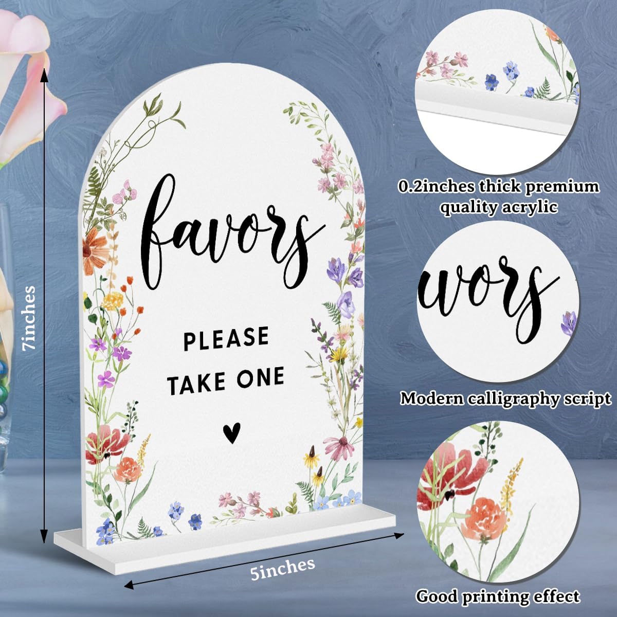 Acrylic Wedding Signs, Favors Please Take One Signs for Marriage Reception, Bridal Shower Decorations, Modern Arched Round Top Acrylic Table Top Sign with Holder for Wedding Party (White Wildflowers)