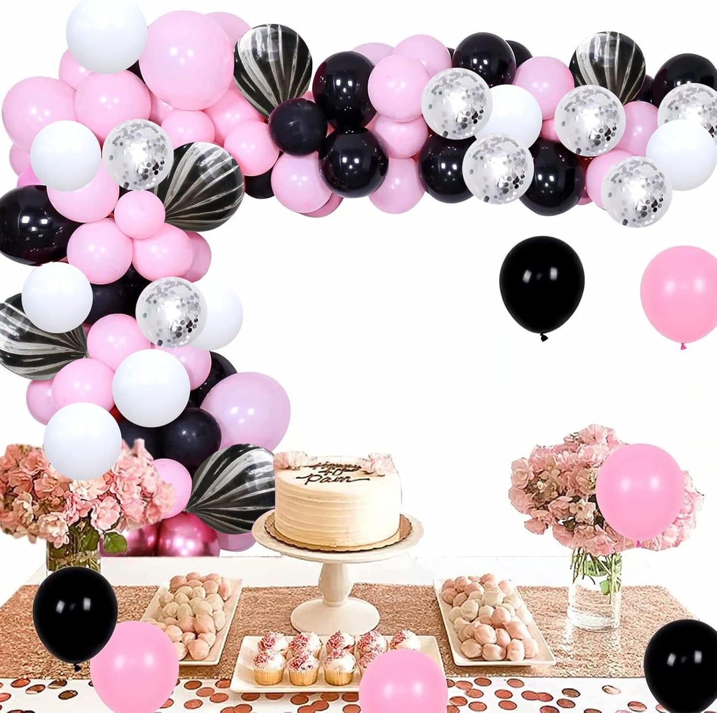 Balloons Black and Pink, 60 Packs 12 Inch Pink Black White Latex Balloon with Agate Balloon Silver Confetti Balloons for Girls Birthday Baby Shower Halloween Party