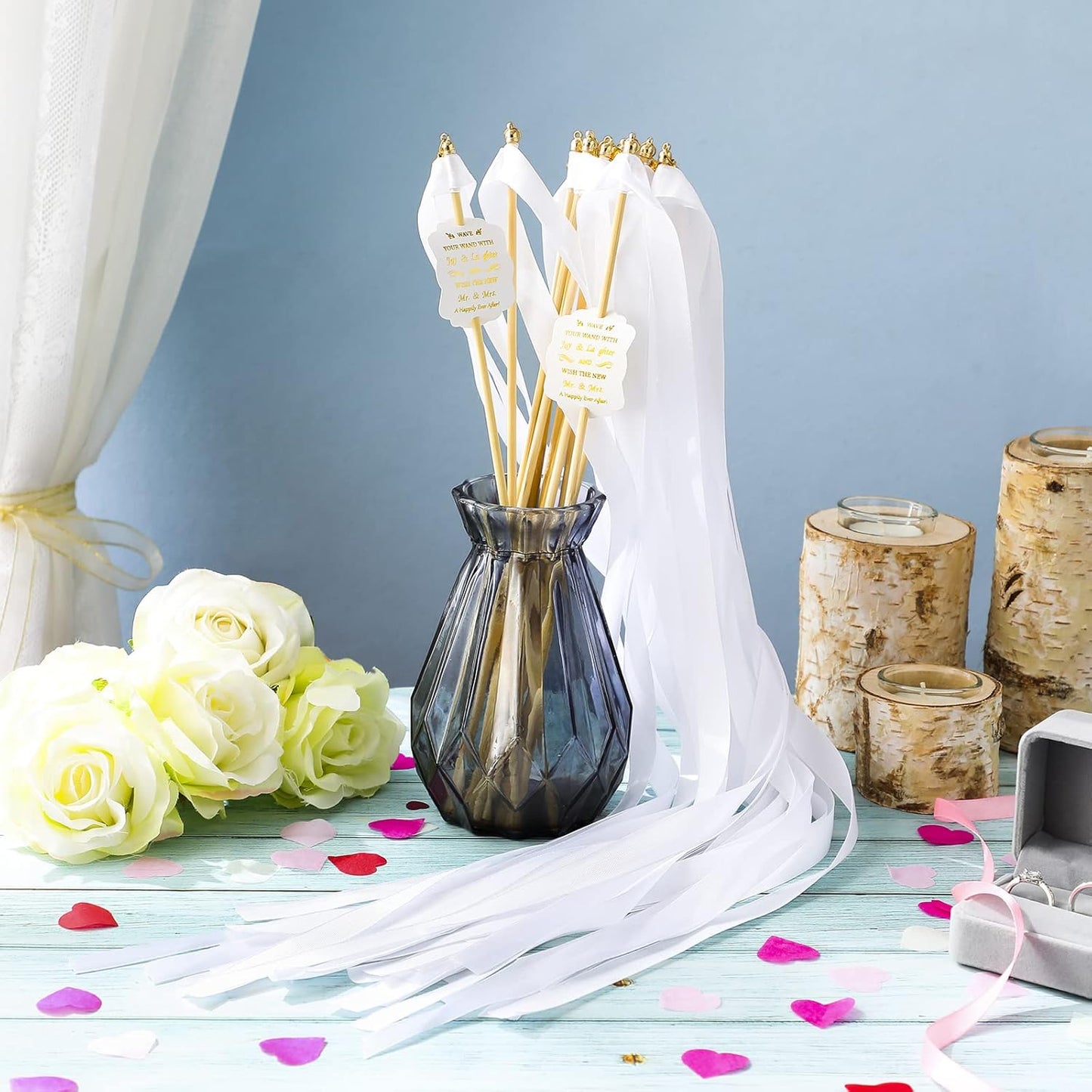 Junkin 100 Pcs Wedding Wands Streamers with Bells Set, 50 White Wedding Send Off Ribbon Streamers Sticks and 50 Favor Tags for Bridal Baby Shower Anniversary Holiday Send Off Party Activities Favors