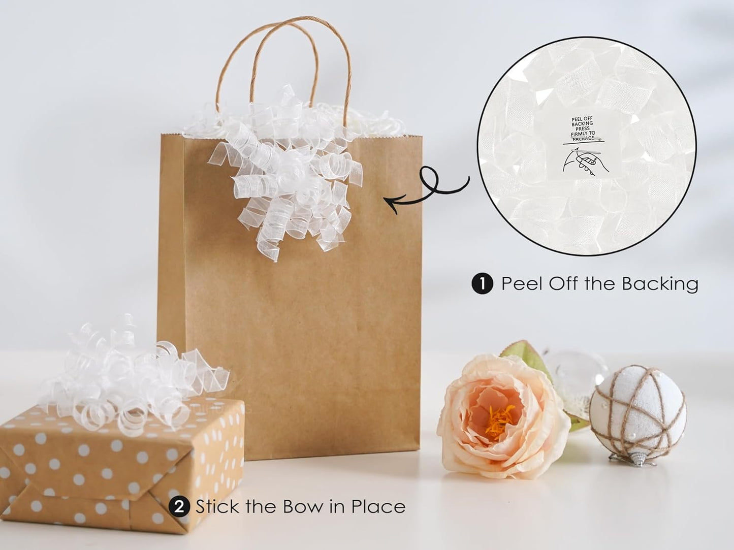 HUIHUANG White Bows for Gift Wrapping Christmas Curly Gift Bows 5 inch x 8 Counts Self-Adhesive Curly Ribbon Bow for Presents, Paper Bag, Party Favors, Wrapping Accessories, Holiday Decor