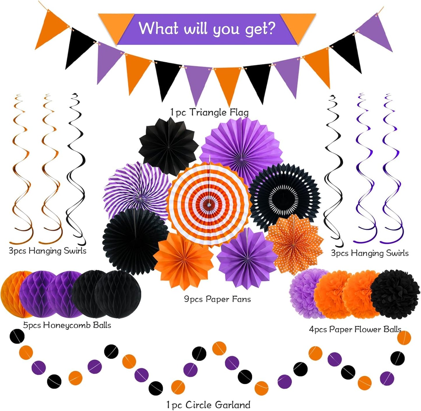 Halloween Party Decorations Paper Fans, Graduation Season Hanging Glitter Triangle Flags Banner Hanging Paper Fan Happy Birthday Banners and Triangular Flag, Bridal Shower,Purple Themed Birthday
