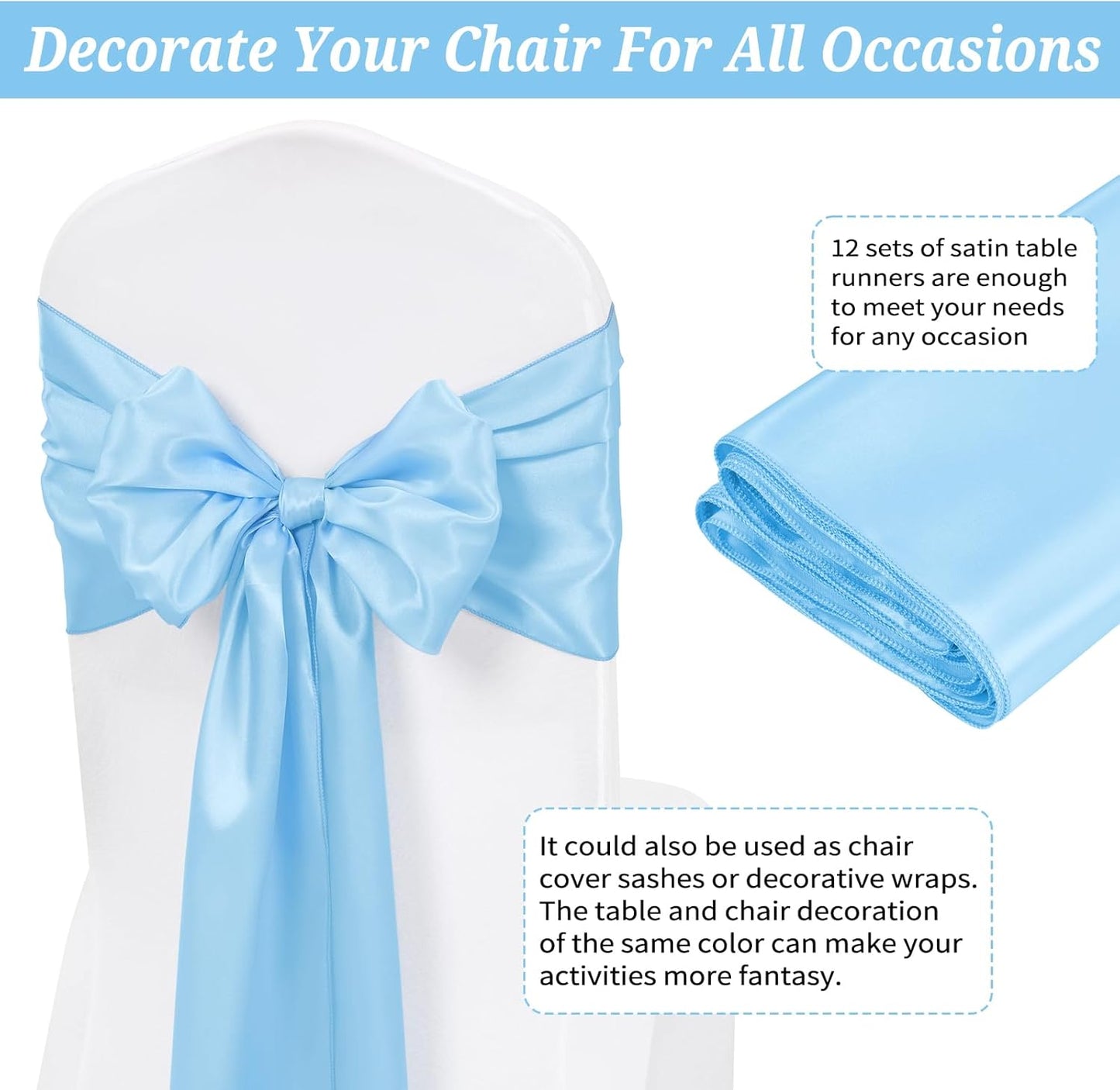 12 Pack Light Blue Satin Table Runner,12 x 108 inch Long Premium Smooth Table Runner for Wedding, Banquets, Birthday, Party, Graduation, Engagements,Table Runners fit Rectangle and Round Table
